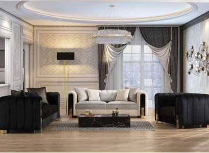 Moderne Sofagarnitur 2x Dreisitzer + Sessel Polstermöbel Edelstahl möbel 3tlg